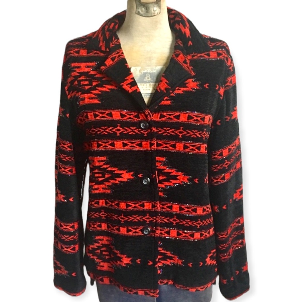 Vintage 90s Chenille Southwestern Beaded Blazer Jacket - Picture 4 of 16